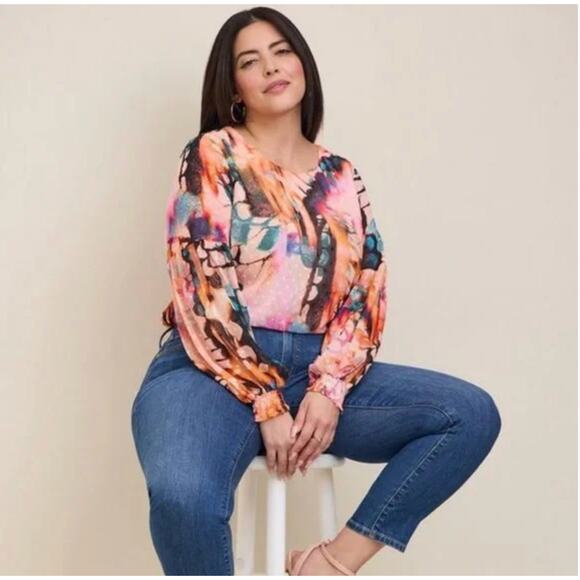 Torrid Colorful Chiffon Clip Dot Blouson Long Sleeve Blouse Size 4 - Picture 3 of 11